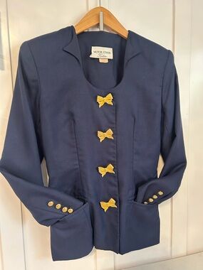 80’s Victor Costa navy blue vintage blazer gold bow buttons